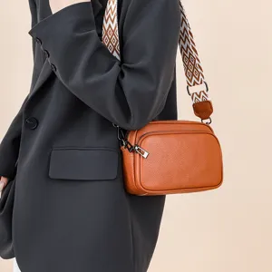 Women Casual Genuine Leather Crossbody Bag Solid Color Litchi Pattern Small Square Bag With Geometric Wide Strap