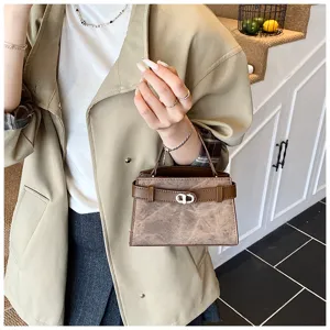 Detailed shot of the brown fashion handbag with metal turn-lock closure and elegant strap.