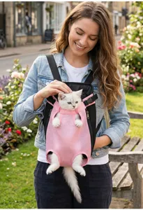 Detailed view of breathable mesh pet backpack in pink, perfect for carrying small cats outdoors safely.