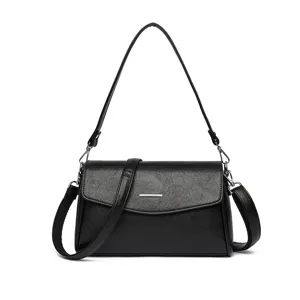 Women stylish black PU leather crossbody shoulder bag elegant commuter handbag for daily use