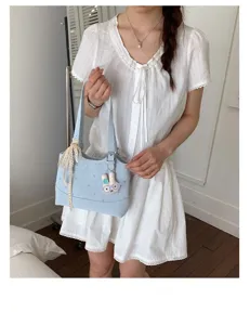 Korean style polka dot women shoulder handbag with ribbon and bunny pendant for daily commute