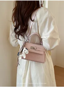 Pink crocodile pattern shoulder bag women elegant retro handheld Kelly bag daily fashion