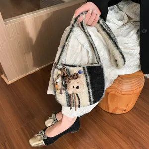 Winter vintage plush crossbody bag woolly plaid handbag half-round cute shoulder bag for women