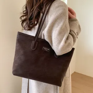 Retro Large Capacity Suede Tote Bag Women PU Leather Commuting Shoulder Bag Casual Fashion Handbag With Optional Bear Pendant