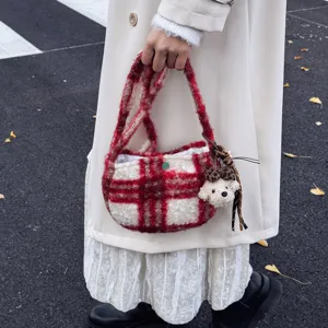 Vintage red white plaid lamb wool handbag casual fuzzy crossbody bag with cute bear charm