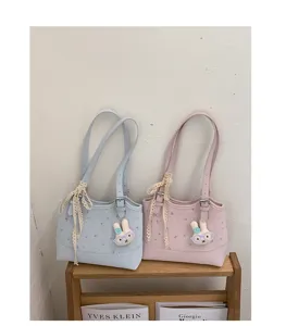 Korean style cute floral tote bag for women, sweet shoulder bag with bunny plush pendant.