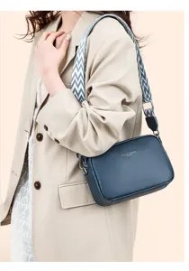 Women leather crossbody bag with wide strap, multi-layer stylish casual shoulder bag.