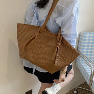 Brown Woven Tote Bag Large Capacity Shoulder Bag Casual Fashion Handbag for Women