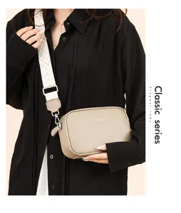 Women leather crossbody camera bag retro wide strap shoulder bag casual fashion design.