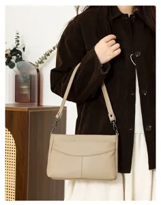 Women's leather shoulder bag stylish daily crossbody handbag with adjustable strap beige