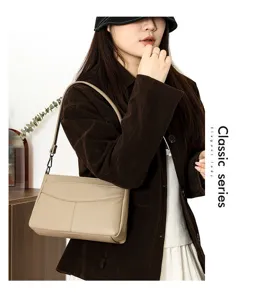 Classic leather shoulder bag for women, premium top layer cowhide commuter handbag.