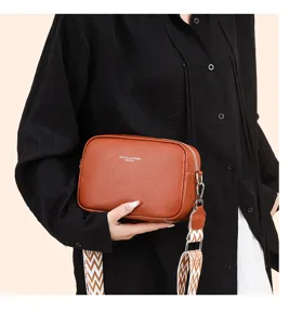 Genuine leather retro mobile phone bag, multi-layer wide strap women messenger shoulder bag