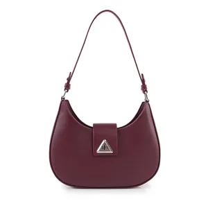 Korean style elegant burgundy crescent shoulder bag for women, chic minimalist underarm hobo.