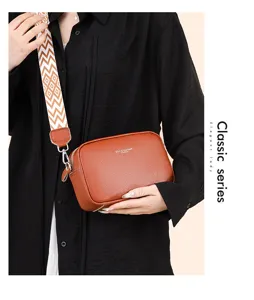 Classic brown leather crossbody bag with wide strap for women fashion daily use.