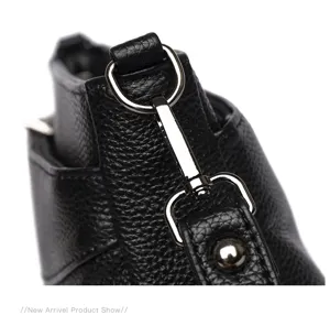 Genuine leather women shoulder bag hardware detail, premium black cowhide cross body bag.