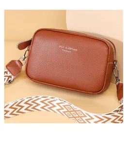 Fashion vintage genuine leather crossbody bag with wide strap and multi compartments for women