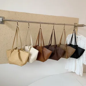 Woven leather style tote bag large capacity fashion casual shoulder bag for women