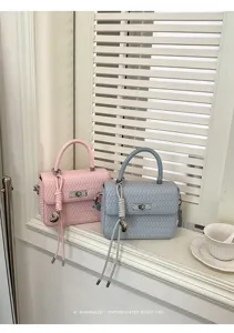 Vista detallada del bolso de mano mini tejido de moda, que muestra una textura de cuero exquisita.