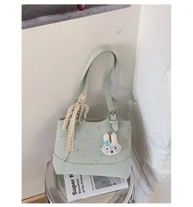 Korean style chic light green shoulder tote bag for women with floral pattern and cute charm.