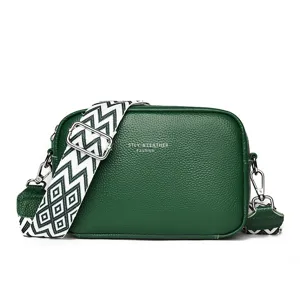 Green leather crossbody bag for women, chic wide strap shoulder bag, casual phone coin purse.
