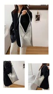 Silver metallic shoulder bag for women, stylish underarm tote with metal rivets and bowknot.
