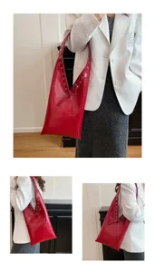 Vintage oil wax leather shoulder bag with stylish metal rivets, large capacity motorcycle tote.