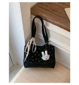 Korean style black floral canvas shoulder bag with lace ribbon and cute rabbit pendant.