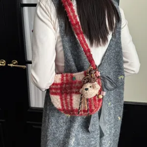 Winter vintage plaid fuzzy wool cross-body bag with cute bear plush pendant and ribbon detail.