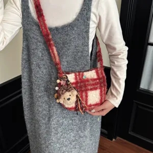 Red and white plaid fuzzy crossbody bag with cute bear charm winter wool shoulder bag
