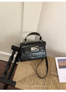 Black crocodile pattern PU leather Kelly handbag, elegant ladies fashion shoulder bag.