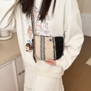 Winter new retro lamb wool plaid half-round crossbody bag with cute bear pendant for women
