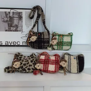 Women winter plush crossbody bag retro plaid fuzzy shoulder bag with cute bear pendant