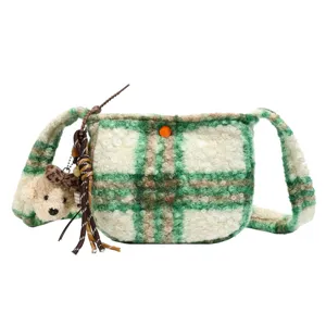 Winter vintage plaid sherpa crossbody bag for women, cute fuzzy shoulder bag with bear.