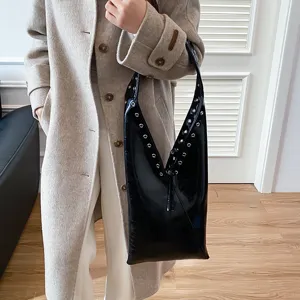 Vintage oil wax leather shoulder hobo bag, stylish metal grommets, large capacity tote bag.