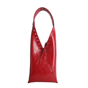 Red oil wax leather shoulder bag vintage hobo tote bag with metal grommets and rivets for women