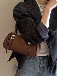 Korean style brown suede shoulder bag, minimalist cylindrical pillow bag for women commuter.
