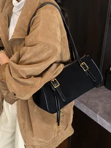 Chic black cylindrical shoulder bag for women, versatile minimalist underarm commuting pillow bag