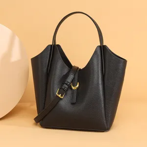 Genuine leather bucket bag for women, large capacity top handle shoulder crossbody bag.