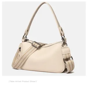 Women beige genuine leather saddle bag with wide strap, stylish casual shoulder bag.