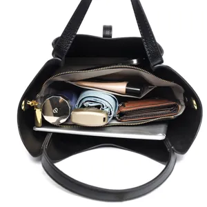 Black leather tote bag for women large capacity shoulder crossbody bucket bag daily commuter