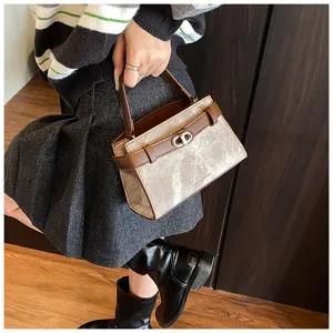 Detailed shot of trendy two-tone top-handle bag with metallic twist lock and chic design.