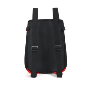 Detailed view of breathable mesh pet dog cat backpack with adjustable shoulder straps black red.