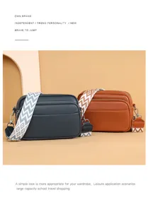 Women multi-layer leather crossbody shoulder bag with wide strap casual commuter handbag daily