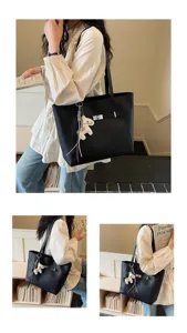 Stylish black leather tote bag for women, large capacity shoulder bag with chic charm.