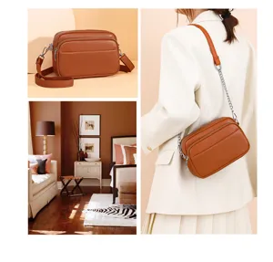 Vintage genuine leather women crossbody bag with chain strap, soft top layer cowhide small bag.