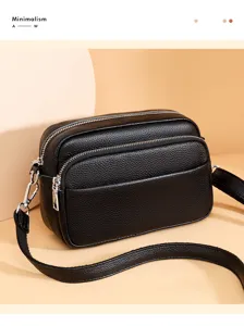Classic black leather crossbody bag for women, soft cowhide small square bag with multi-zips.