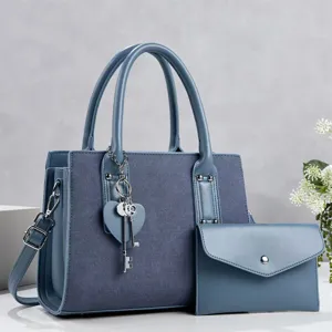 Women PU Leather Tote Crossbody Bag Casual Handbag Set With Small Purse And Key Pendant Fashion Commuter Shoulder Bag