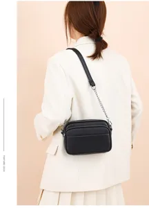 Elegant black leather small square shoulder bag with chic chain strap for daily wear.