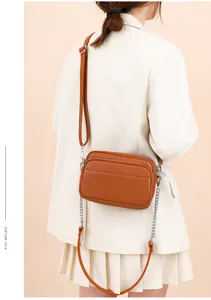 Genuine leather crossbody bag for women, retro small square shoulder bag with metal chain.