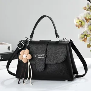 Femmes Rétro Motif Litchi Cuir PU Sac Bandoulière Casual Commuter Top Handle Petit Sac Carré Avec Pendentif Floral